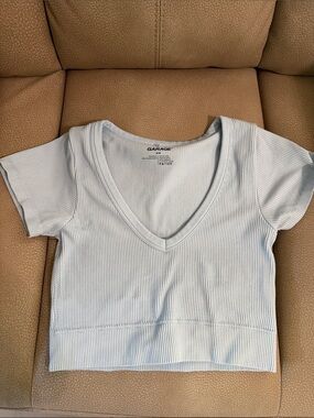 Garage Pale Blue Ribbed V-Neck Crop Tee